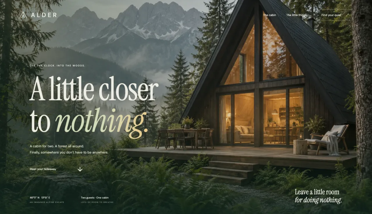 The Alder Cabin example website: a dark forest scene with a glowing A-frame cabin