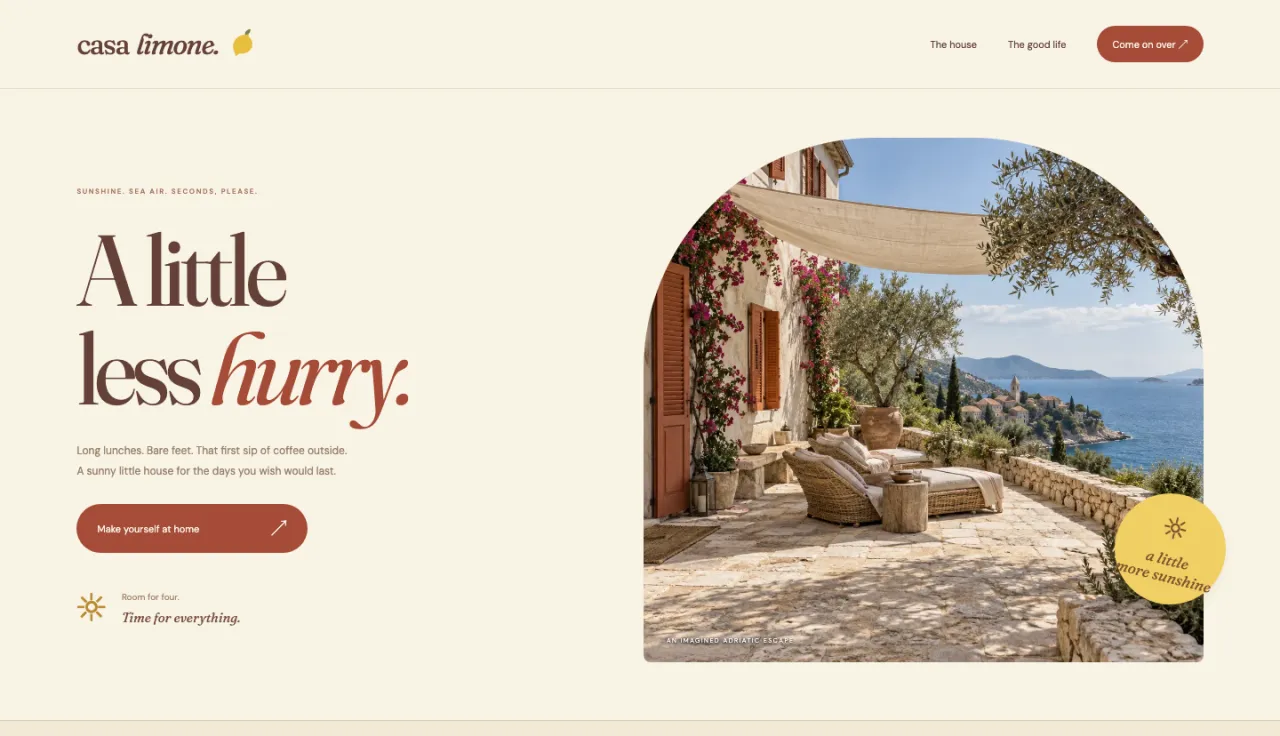 The Casa Limone example website: cream pages, a terracotta headline and an arched terrace photo
