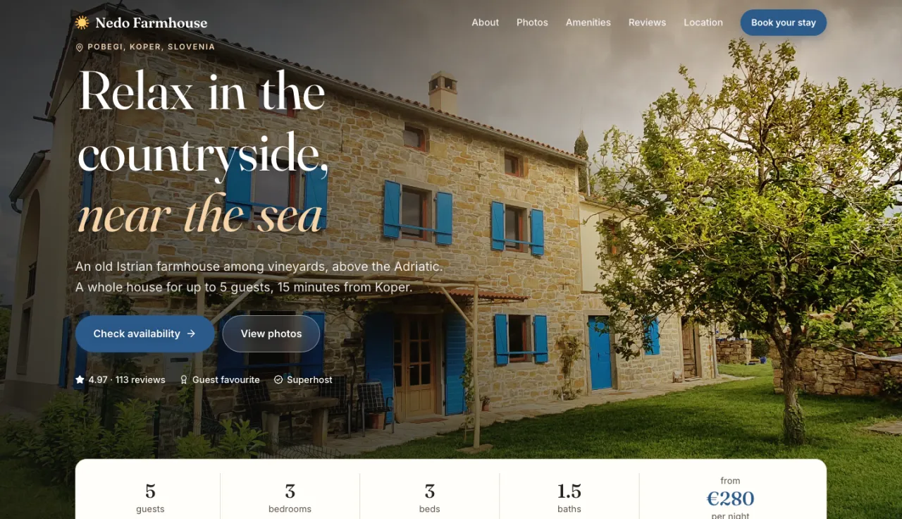 The Nedo Farmhouse website: a stone farmhouse with blue shutters under the headline “Relax in the countryside, near the sea”